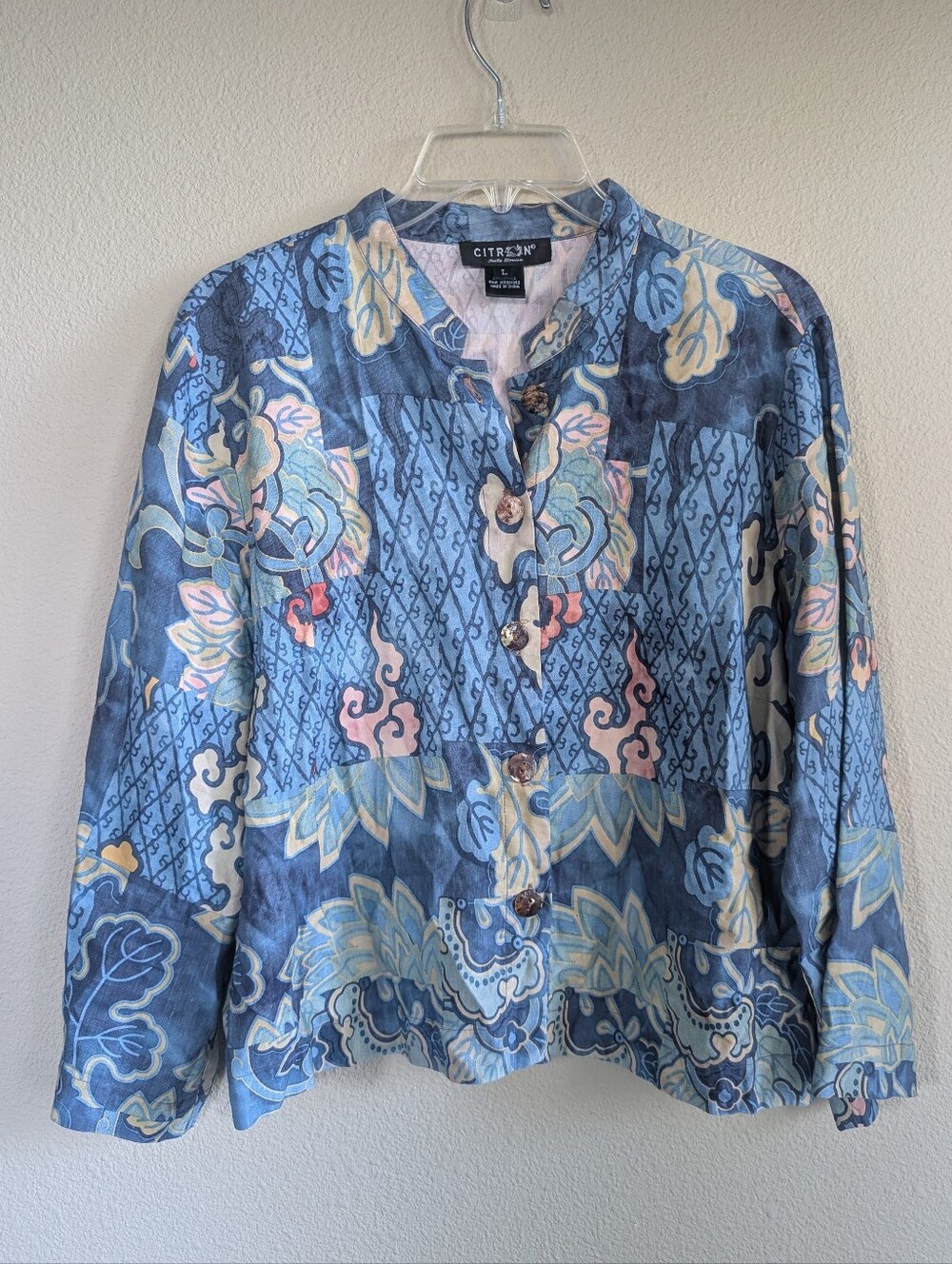 Citron Size Large Blue Floral Printed Lightweight Silk And Linen Blouse Top